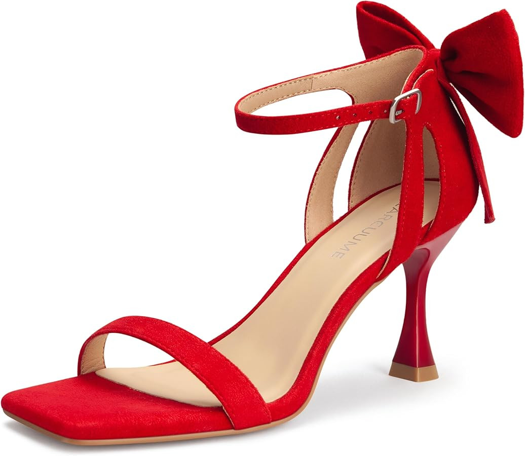 Carcuume Women's Square Toe Heels Bow Tie Ankle Strap Heel Sandals Open Toe Wedding Shoes | Amazon (US)