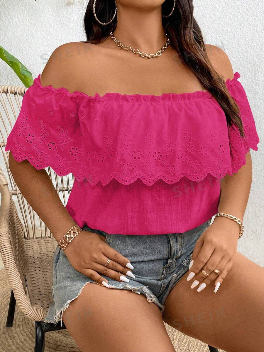SHEIN VCAY Plus Off Shoulder Eyelet Embroidery Blouse | SHEIN