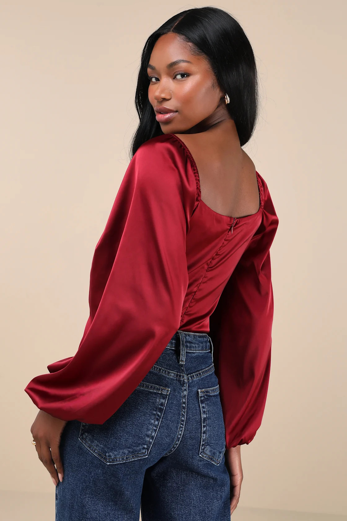 Endless Aura Wine Red Satin Balloon Sleeve Sheer Lace Bodysuit | Lulus