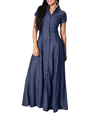 utcoco Womens Short Sleeve Denim Maxi Dress Casual Loose Fit Button Down Long Jean Dresses | Amazon (US)