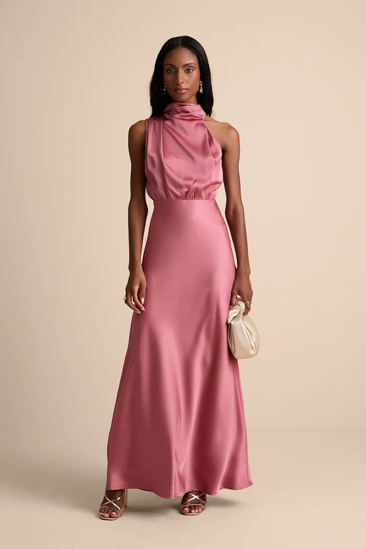 Distinctive Charm Rose Pink Satin Asymmetrical Maxi Dress | Lulus