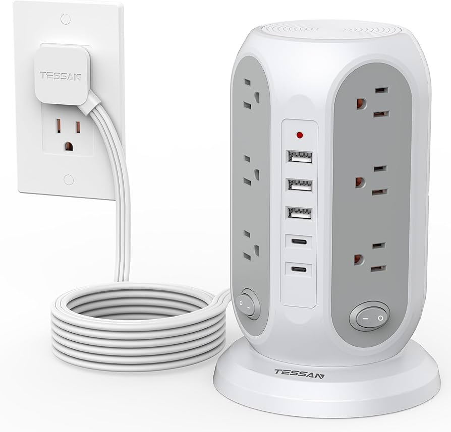 TESSAN Tower Power Strip with Individual Switches, 12 Outlets and 5 USB Ports(2 USB C), Flat Exte... | Amazon (US)