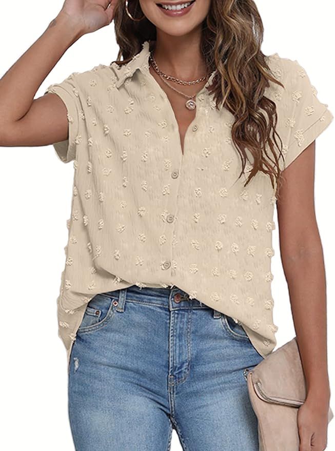 BOTHENIAL Women White Button Down Shirt Dressy Casual Work Tops Chiffon Blouse Summer Short Sleev... | Amazon (US)