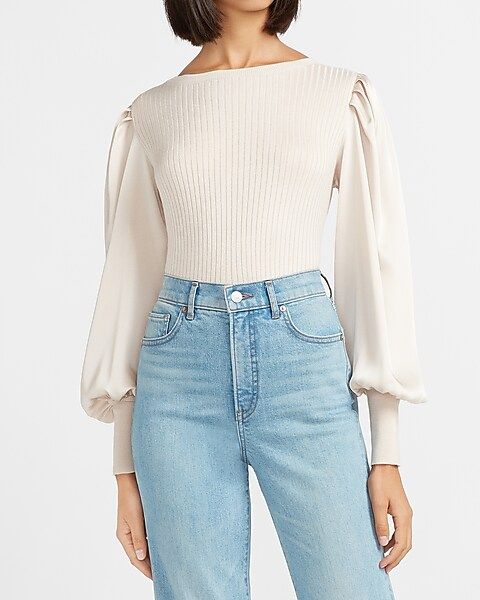 Satin Balloon Sleeve Ribbed Sweater | Express