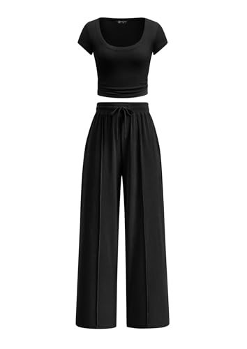 PRETTYGARDEN Women's 2 Piece Matching Lounge Sets Ribbed Short Sleeve Crop Tops Wide Leg Pants 2026 Summer Airport Outfits (Black,X-Large) | Amazon (US)