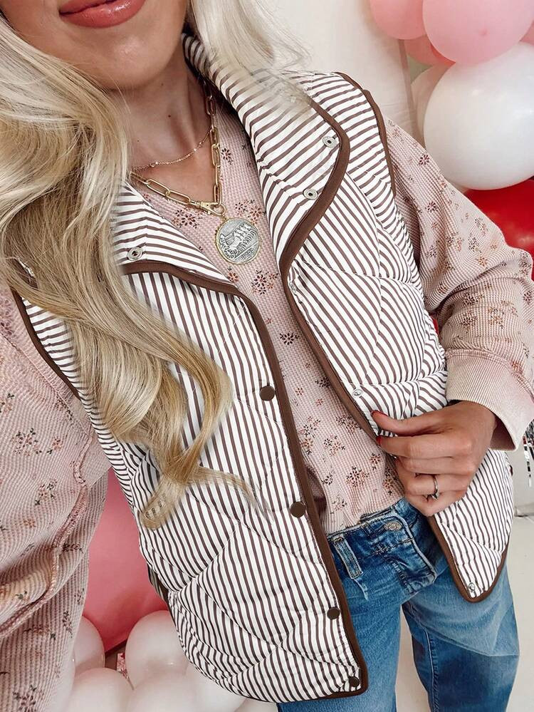 Acelitt Brown Striped Printed Snap-Buttoned Turtleneck Contrast Trimmed Winter Daily Casual Sleeveless Vest Jacket | SHEIN