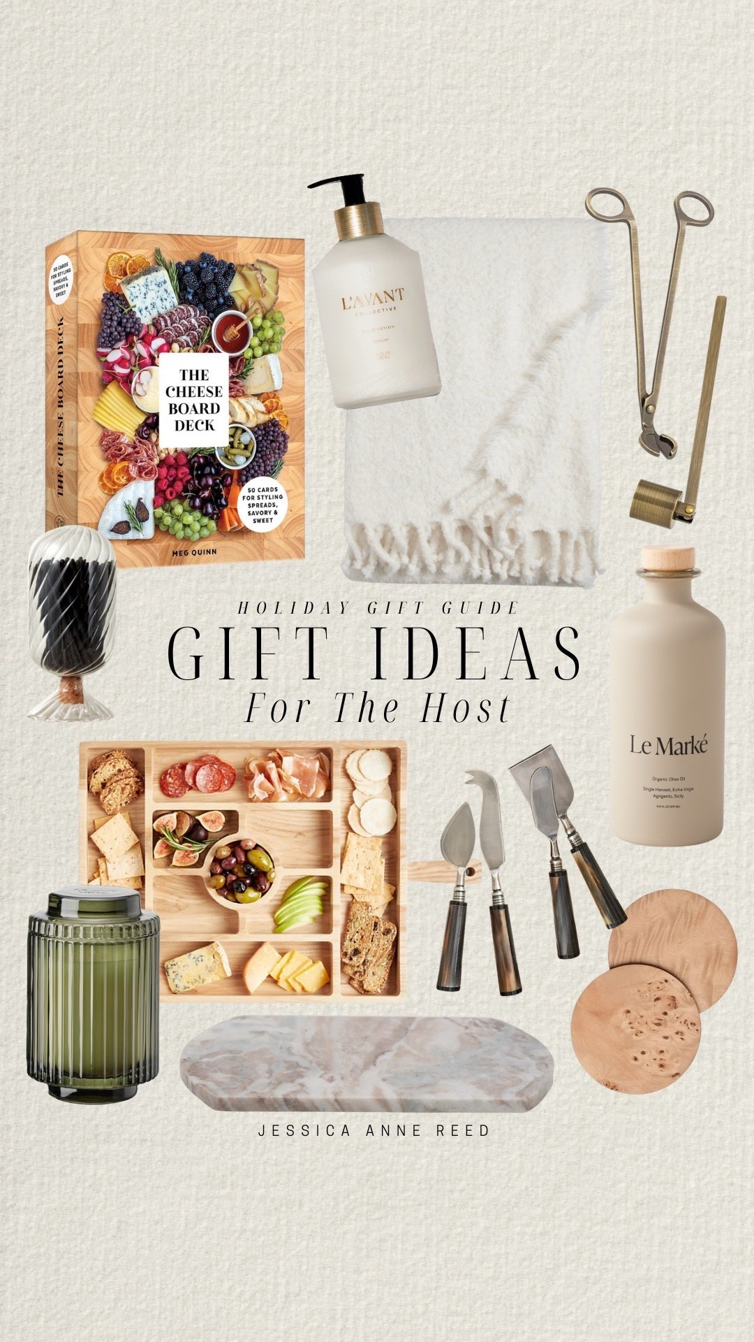 Gift guide for the holiday host include olive oil, cheese knife set, coasters, tray, charcuterie board, candle, book, glass cloche, hand lotion, candle snuffer set, blanket.

Gift guide, host gifts, gifts for the host, gifts for couple

#LTKHoliday #LTKGiftGuide