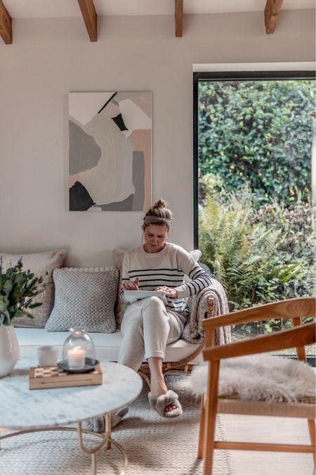 Neutral outfit, knitwear, cosy outfit, neutrals, white company, comfy outfit, loungewear, striped jumper, joggers, fluffy slippers 

#LTKstyletip #LTKSeasonal #LTKeurope