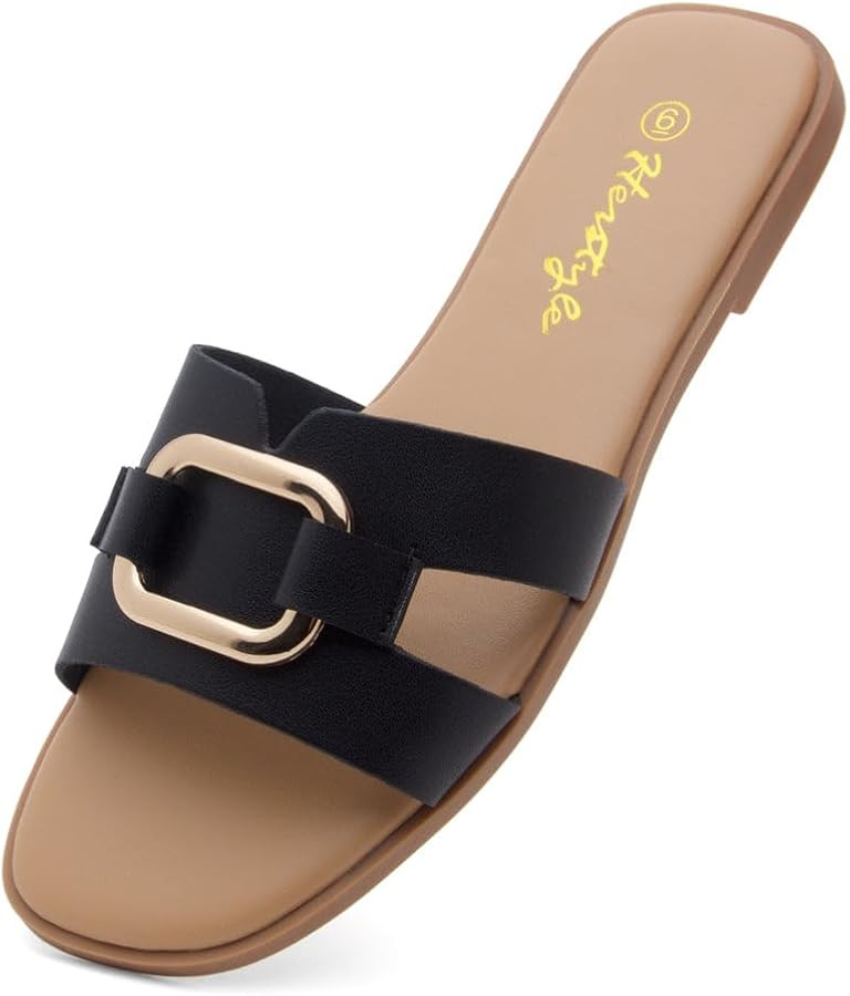 Herstyle GENA Women’s Flat Sandals Fashion Slides Black White Flat Sandals Square Open Toe Sing... | Amazon (US)