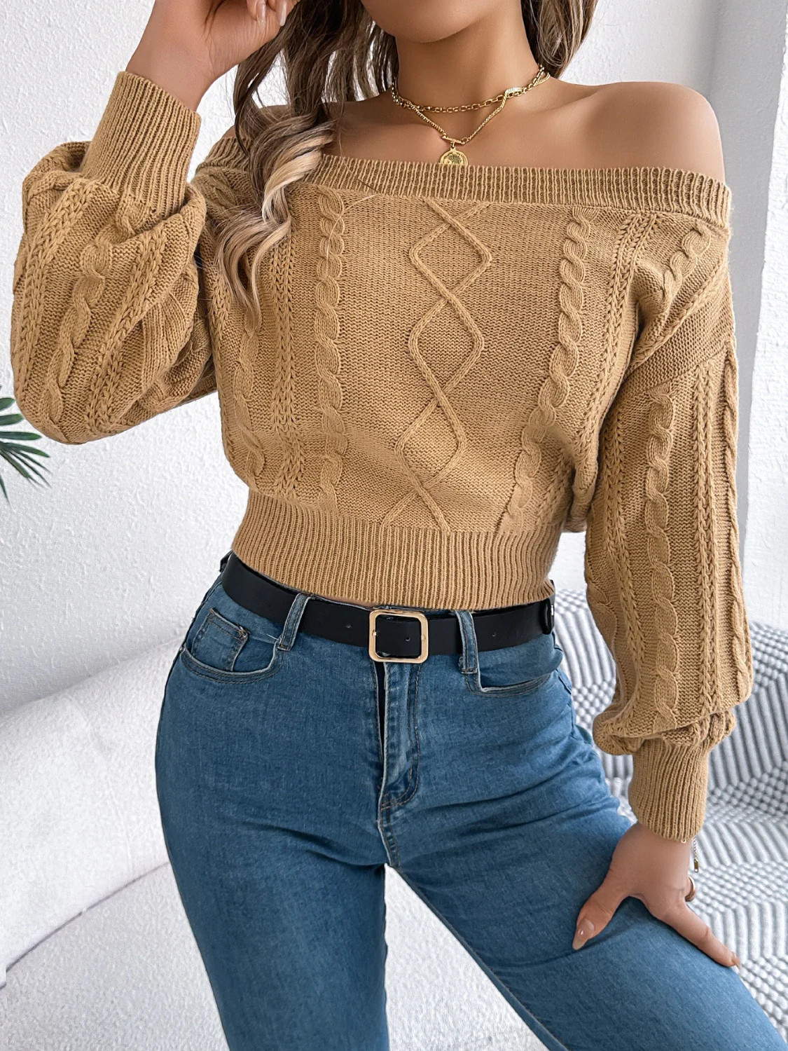 Cable Knit Off-Shoulder Long Sleeve Sweater Camel / S | Casual Chic Boutique