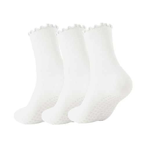 Ceoon 3 Pairs Pilates Socks with Grips Non-slip Ruffle Yoga Socks Grip Socks for Women (Polycotton, Socks set 4) | Amazon (US)