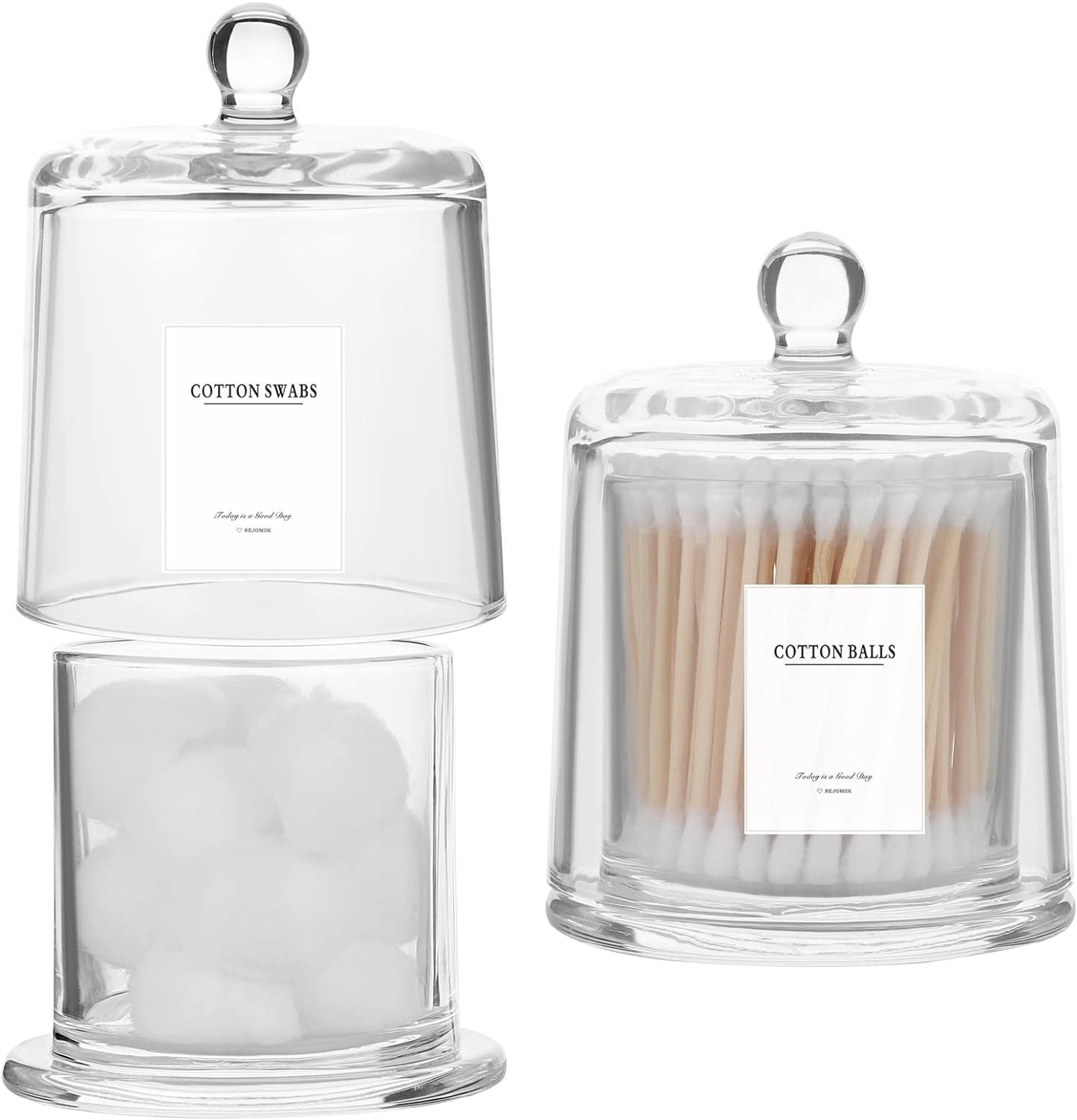 rejomiik 2 Pack Qtip Holder Thick Glass Apothecary Jars with Lid for Bathroom Accessories Vanity Organizers and Makeup Storage for Cotton Ball, Swabs, Makeup Sponges, Candy, Jewelry, Clear | Amazon (US)