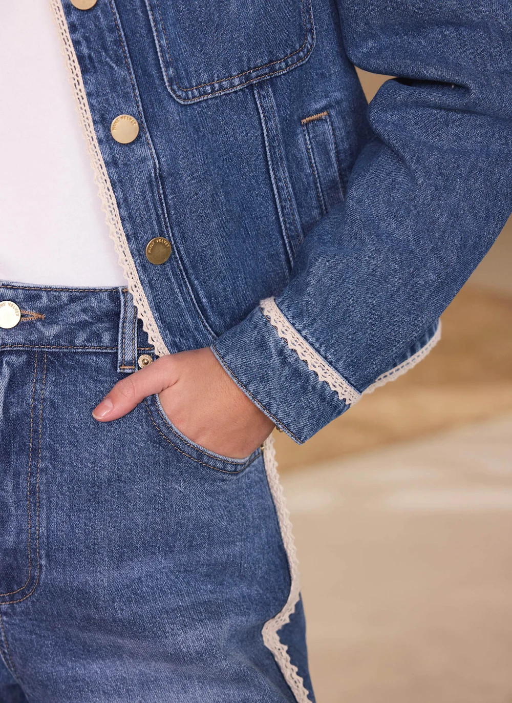 Mid Indigo Crochet Trim Denim Jacket | Mint Velvet