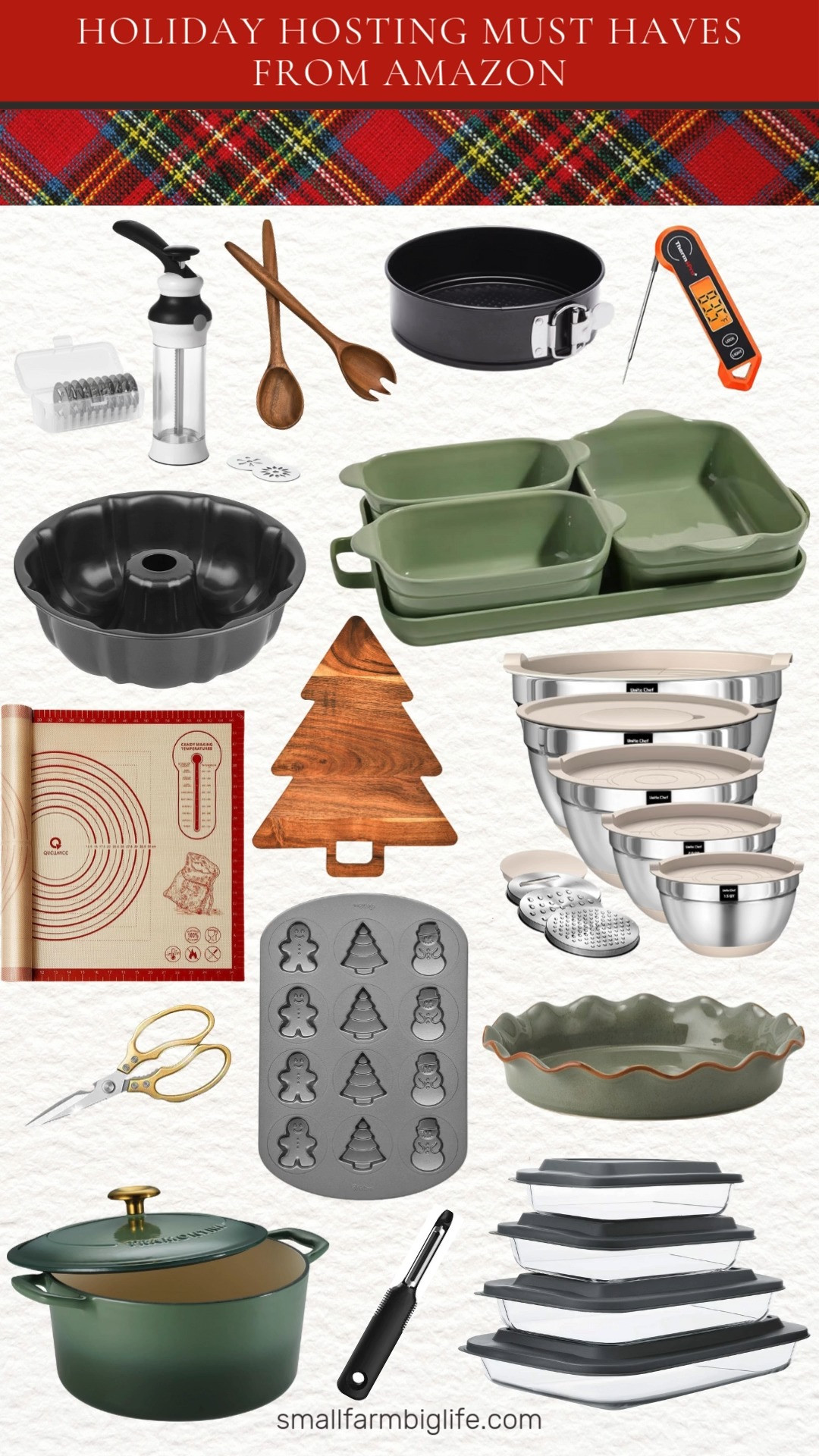 Holiday Hosting Must Haves From Amazon 🎄🍽️
Level up your festive gatherings with all the essentials, like a cookie press, baking dishes, a spring form pan, bundt pan, mixing bowls, and the perfect pie dish. Hosting just got easier with kitchen shears, a digital thermometer, glass storage containers, a dough mat, salad utensils, a dutch oven, a tree charcuterie board, and the best veggie peeler. Shop everything you need to cook, bake, and celebrate in style! ✨ 

 #LTKHoliday #LTKfoodie #LTKHome