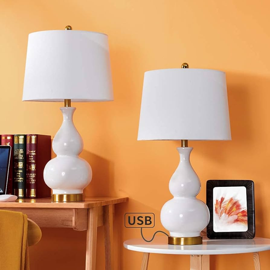 Maxax 26" Ceramic Table Lamps Set of 2 with USB Charging Port, 3-Way Dimmable Bedside Desk Lamps ... | Amazon (US)