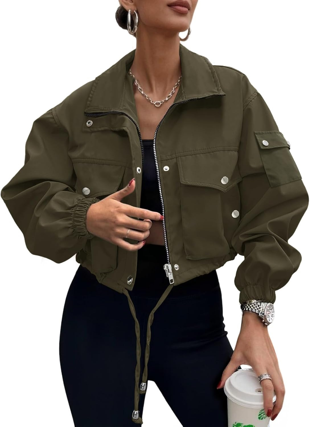 Womens Lightweight Cropped Bomber Jacket With Pockets | Amazon (US)