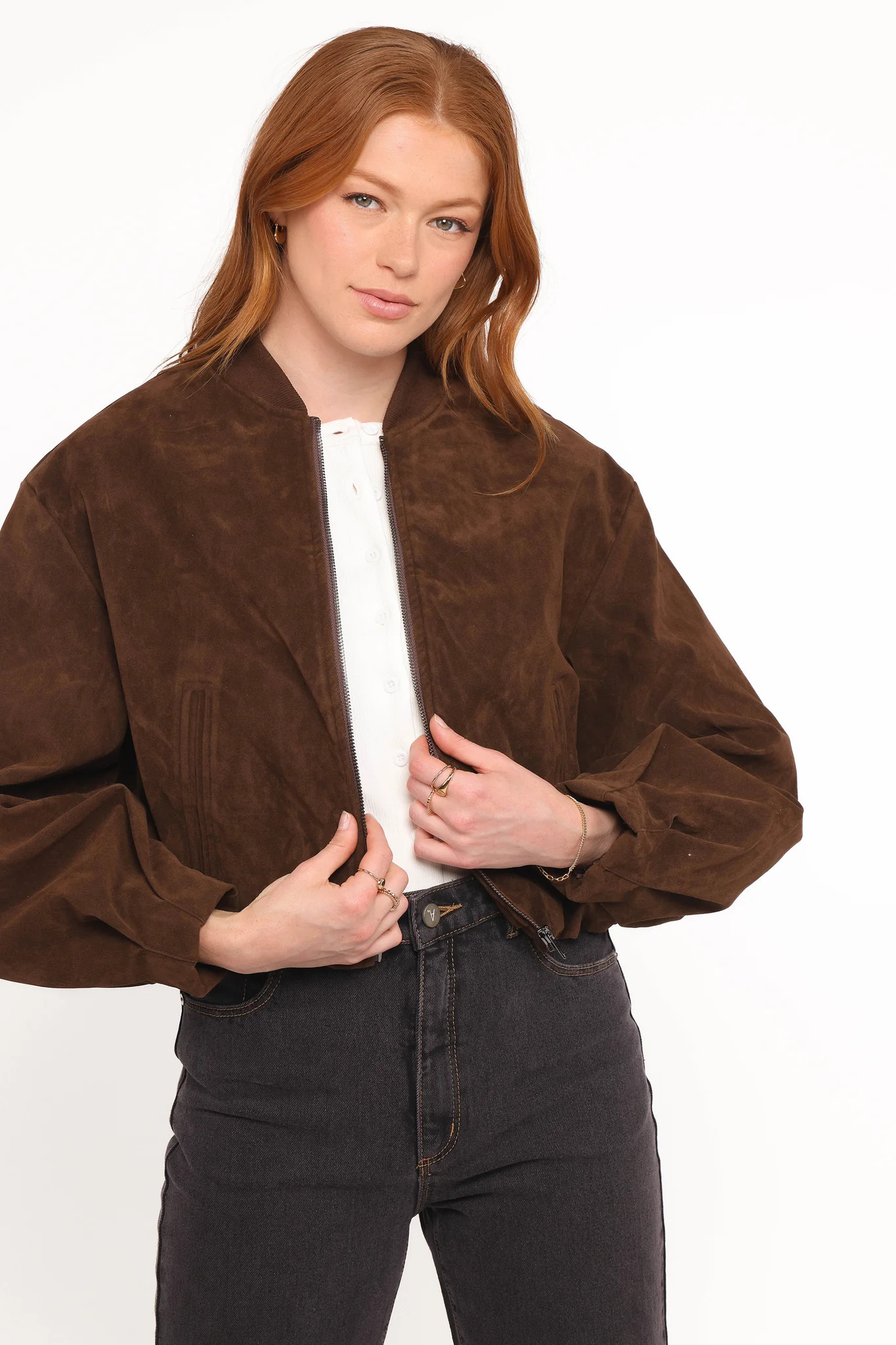 Goldie Faux Suede Bomber Jacket - Brown | Petal & Pup (US)