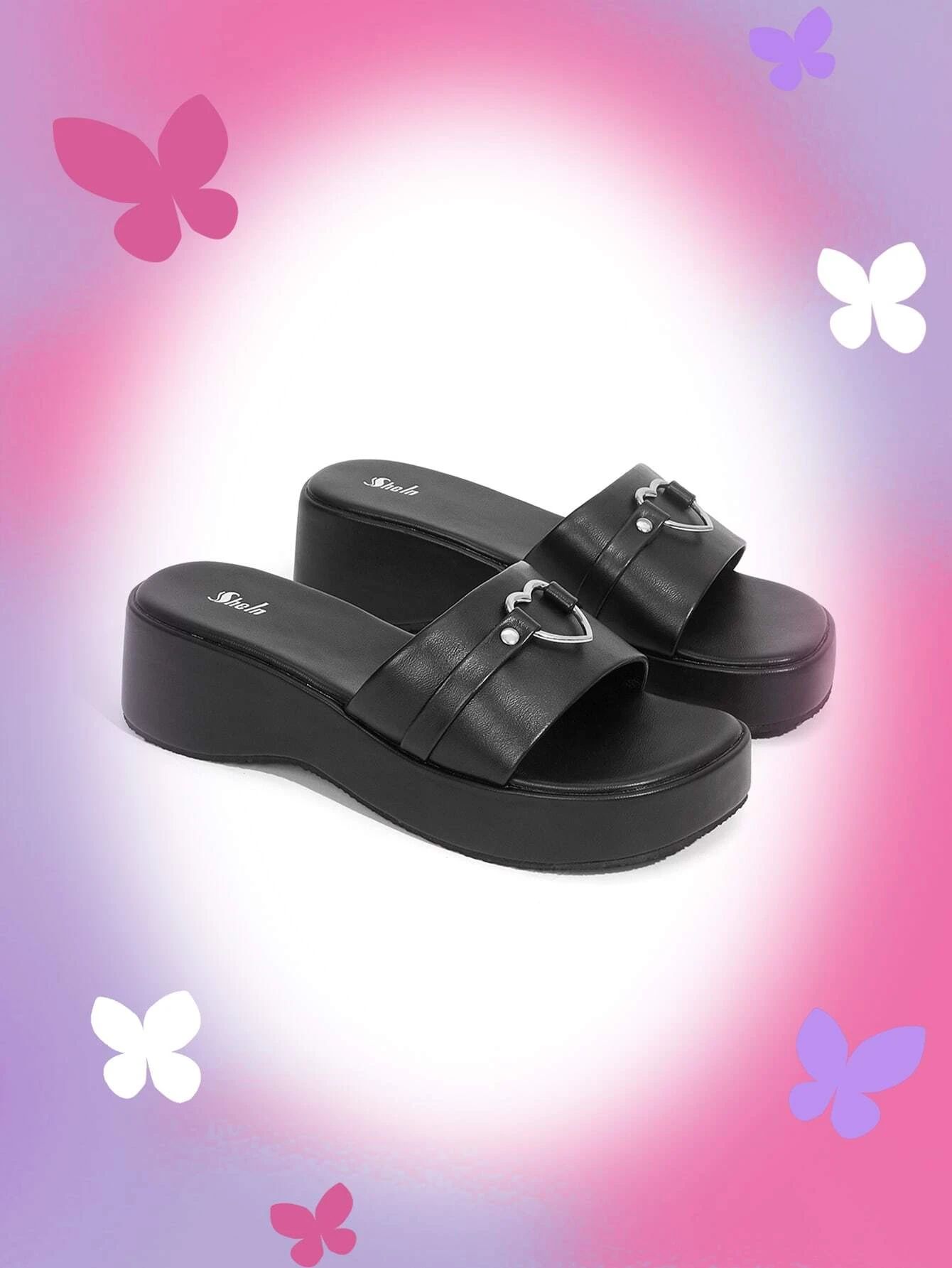 Heart-ring & Studded Decor Wedge Slide Sandals
   SKU: sx2205237794792742      
          (71 Rev... | SHEIN