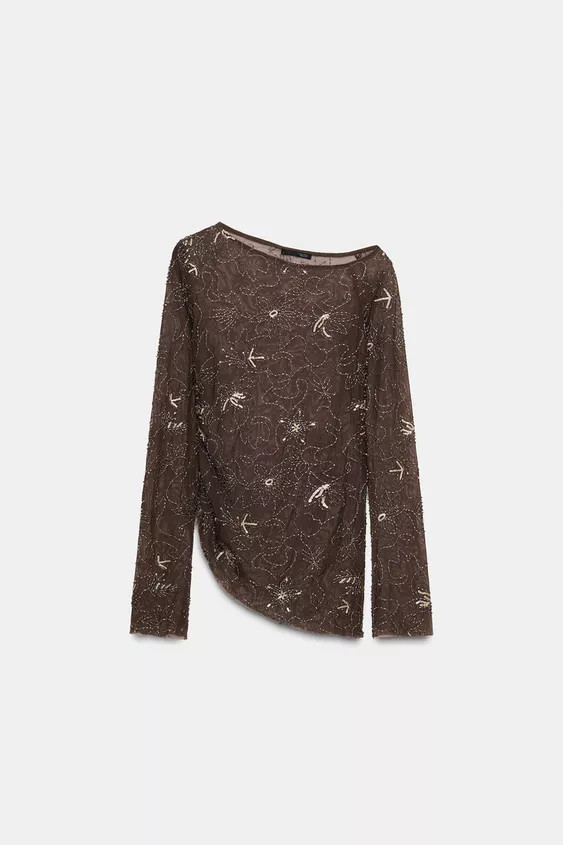 DRAPED TULLE TOP WITH BEADED EMBROIDERY | Zara US