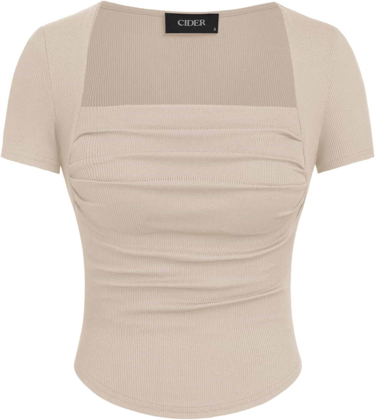 CIDER Square Neck Tops for Women Ruched Short Sleeve Slim Fitted Tee Basic T Shirt Square Neck Going Out Tops | Amazon (US)