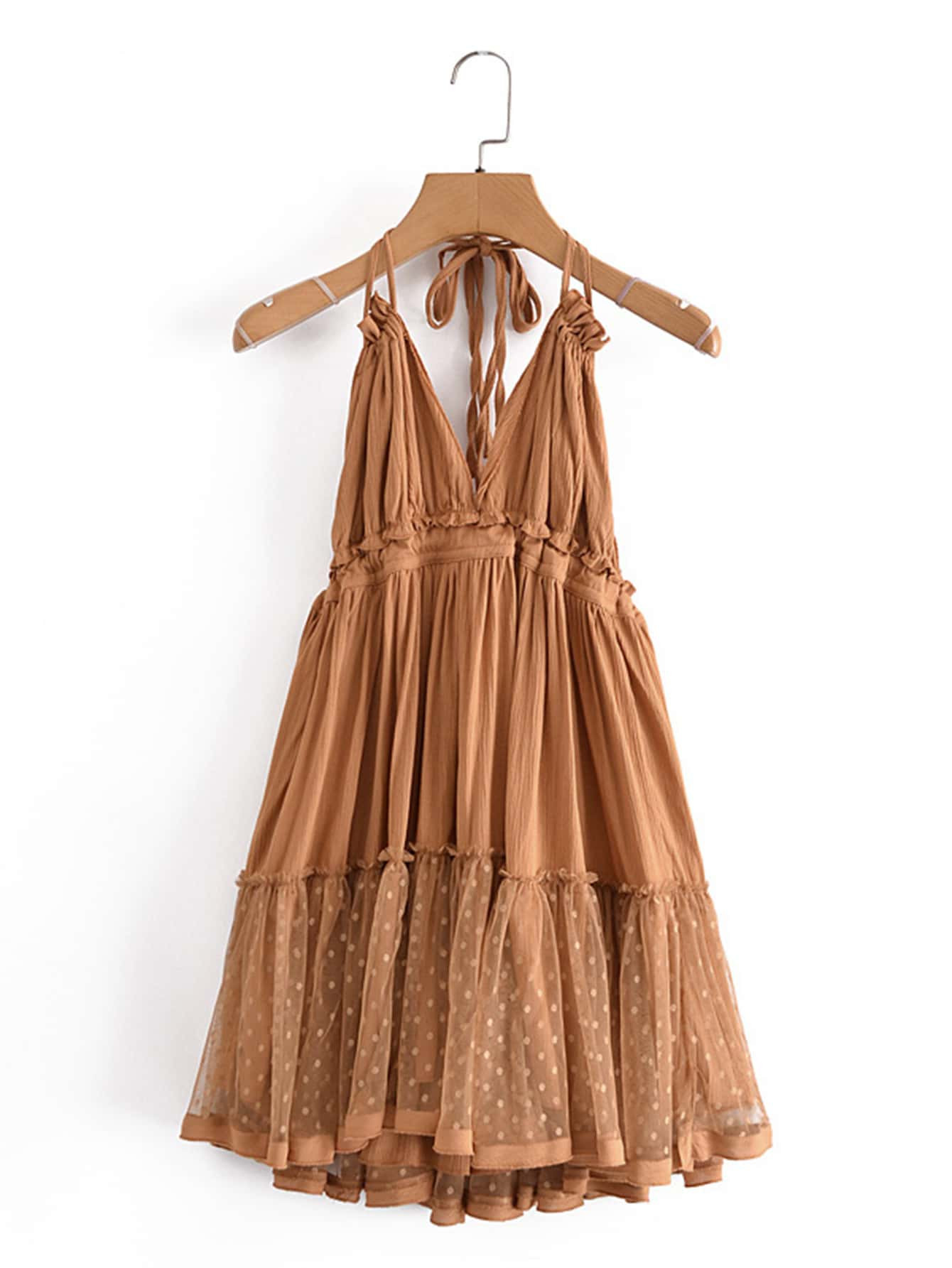 Dobby Mesh Self-Tie Ruffled Halter Dress | SHEIN