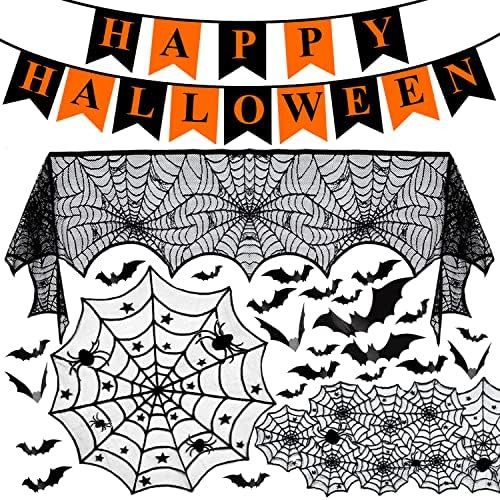 Halloween Decorations Indoor Set , -Halloween Fireplace Mantel Scarf & Round Table Cover & Lace T... | Amazon (US)