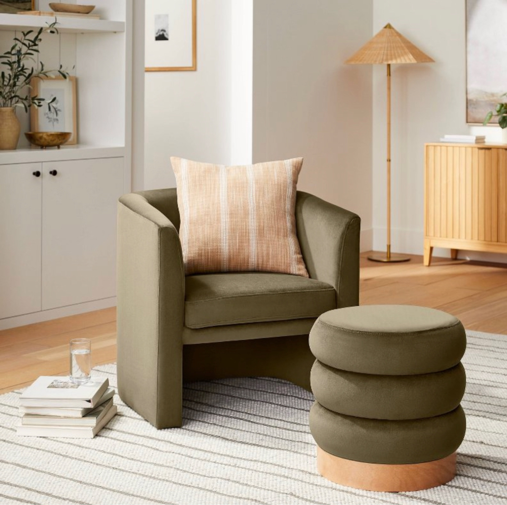 Green velvet accent chair & green velvet ottoman needs their own moment ♥️ 
Linking most of the items in the photo. 
New Studio MCGEE collection is beautiful!

Home decor Living room 

#LTKhome #LTKSeasonal #LTKsalealert