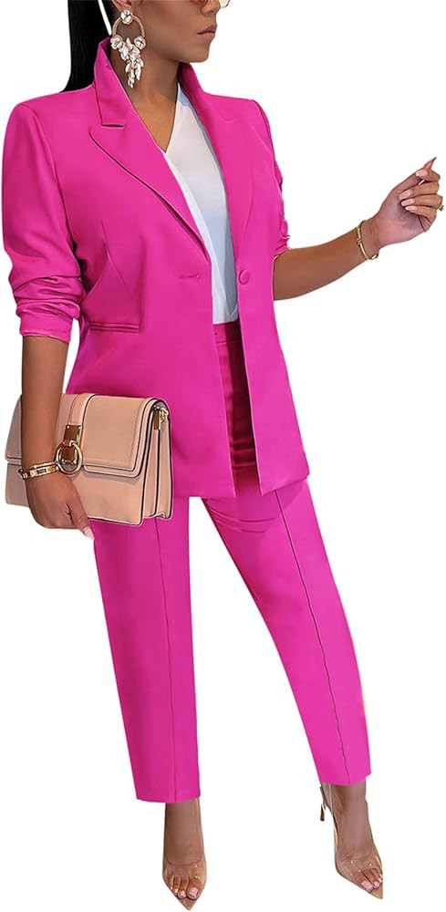 HuiSiFang Women's Blazer and Pants 2 Piece Suits 2025 Fall Fashion Solid Color Casual Blazer Sets | Amazon (US)