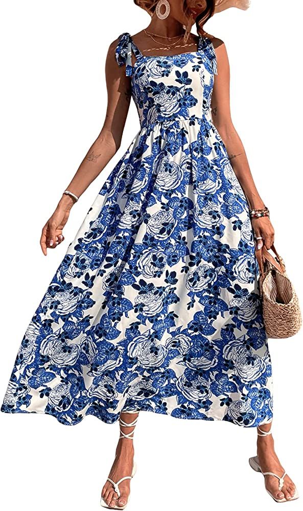 WDIRARA Women's Floral Print Tie Shoulder Sleeveless Flared Hem Cami Dress | Amazon (US)