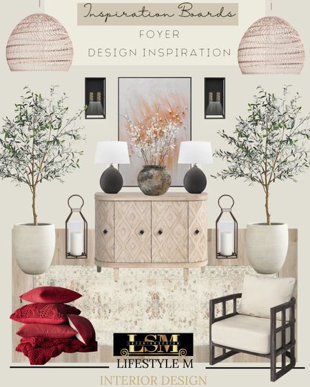 Foyer design inspiration. Recreate the look at home. Wood console table, foyer accent chair, white planter, faux tree, floor lanterns, table lamps, vase, faux plants, wall art, wall sconce light, rattan pendant light, foyer runner, throw pillows.

#LTKsalealert #LTKhome #LTKstyletip