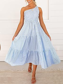 ANRABESS Women's Boho Summer Printed One Shoulder Sleeveless Smocked Flowy Tiered Beach Party Maxi D | Amazon (US)