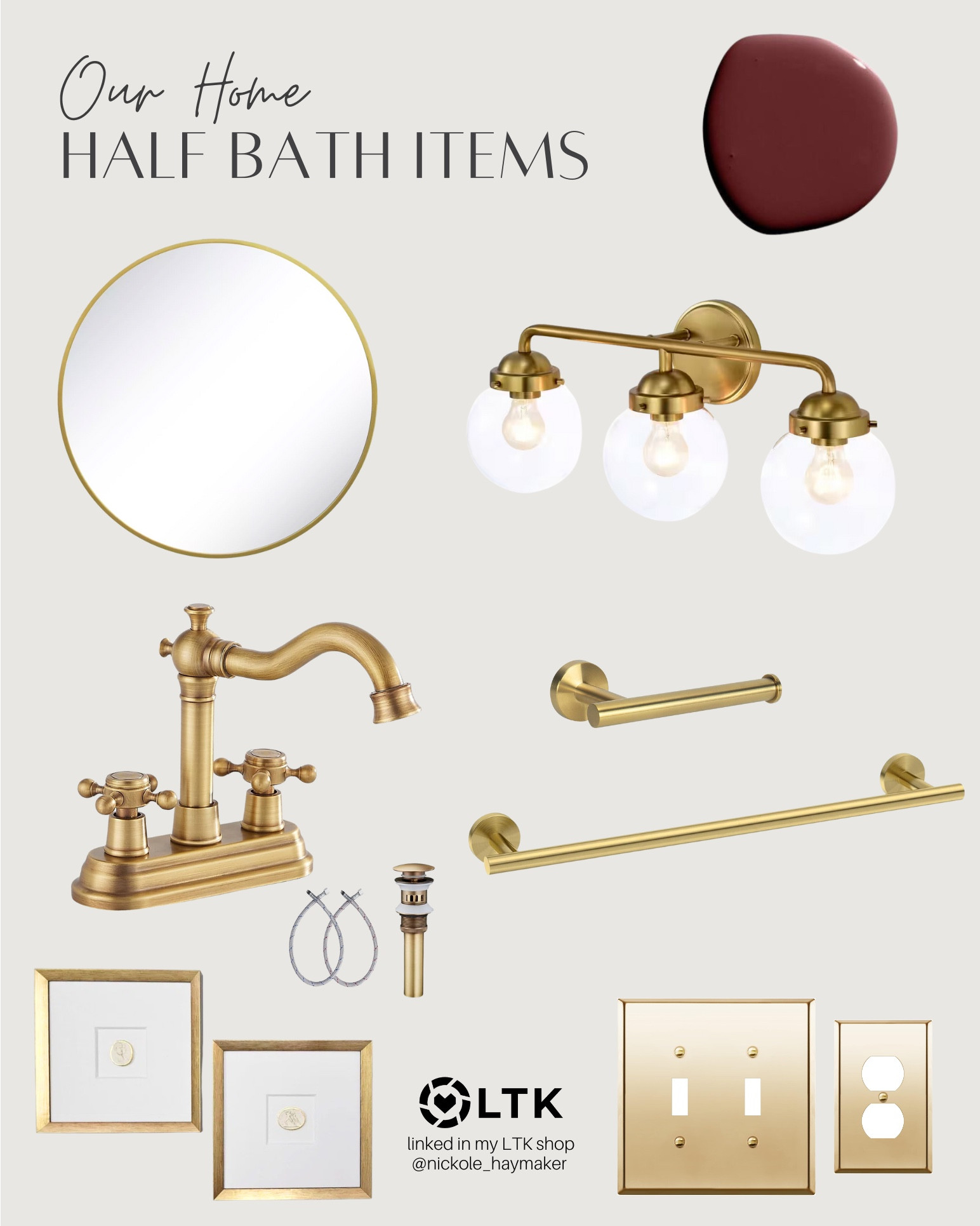 Our Home: Half Bath Fixtures & Hardware. 
Love these gold accents to make up this space that’s going to be dramatic. Linked it all below. Stay tuned for final room reveal. 

#homedecor #bathroom #halfbath #hardware #gold #lighting 

#LTKHome #LTKFindsUnder100
