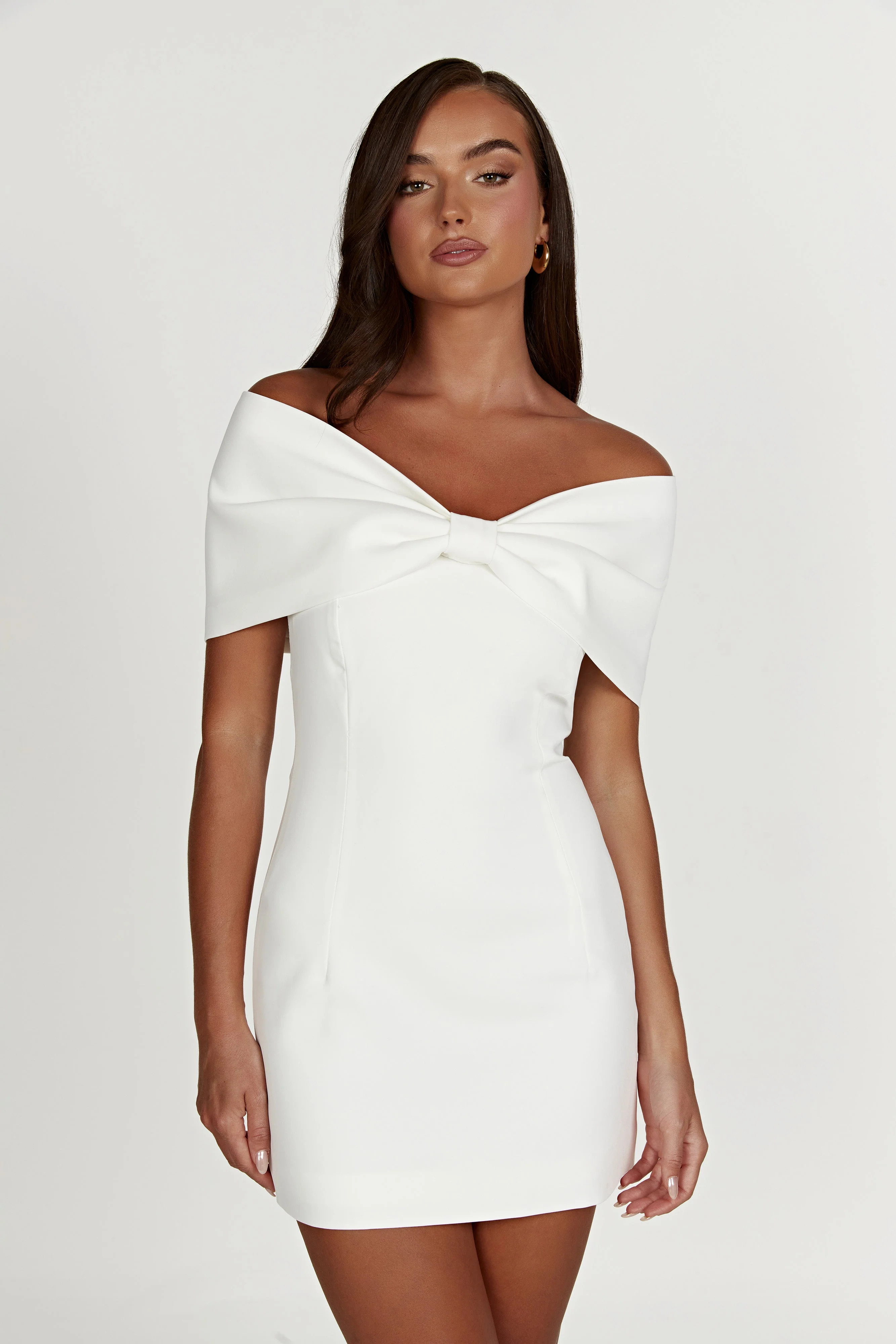 Gwyneth Off Shoulder Bow Mini Dress - White | MESHKI US
