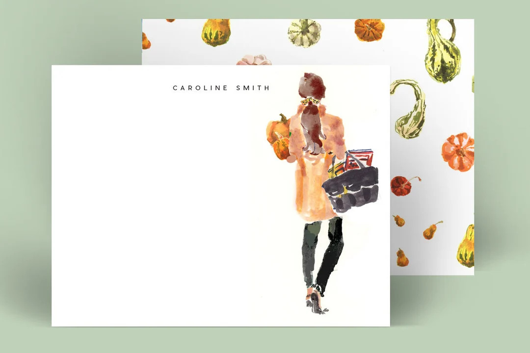 Custom Stationery Girl: Camel Coat Pumpkin Book Bag Girl {Stationary Notecards, Personalized, Wat... | Etsy (US)