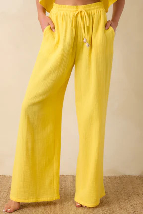 Paradisa Dunedin Yellow Cotton Wide Leg Drawstring Pants | Red Dress