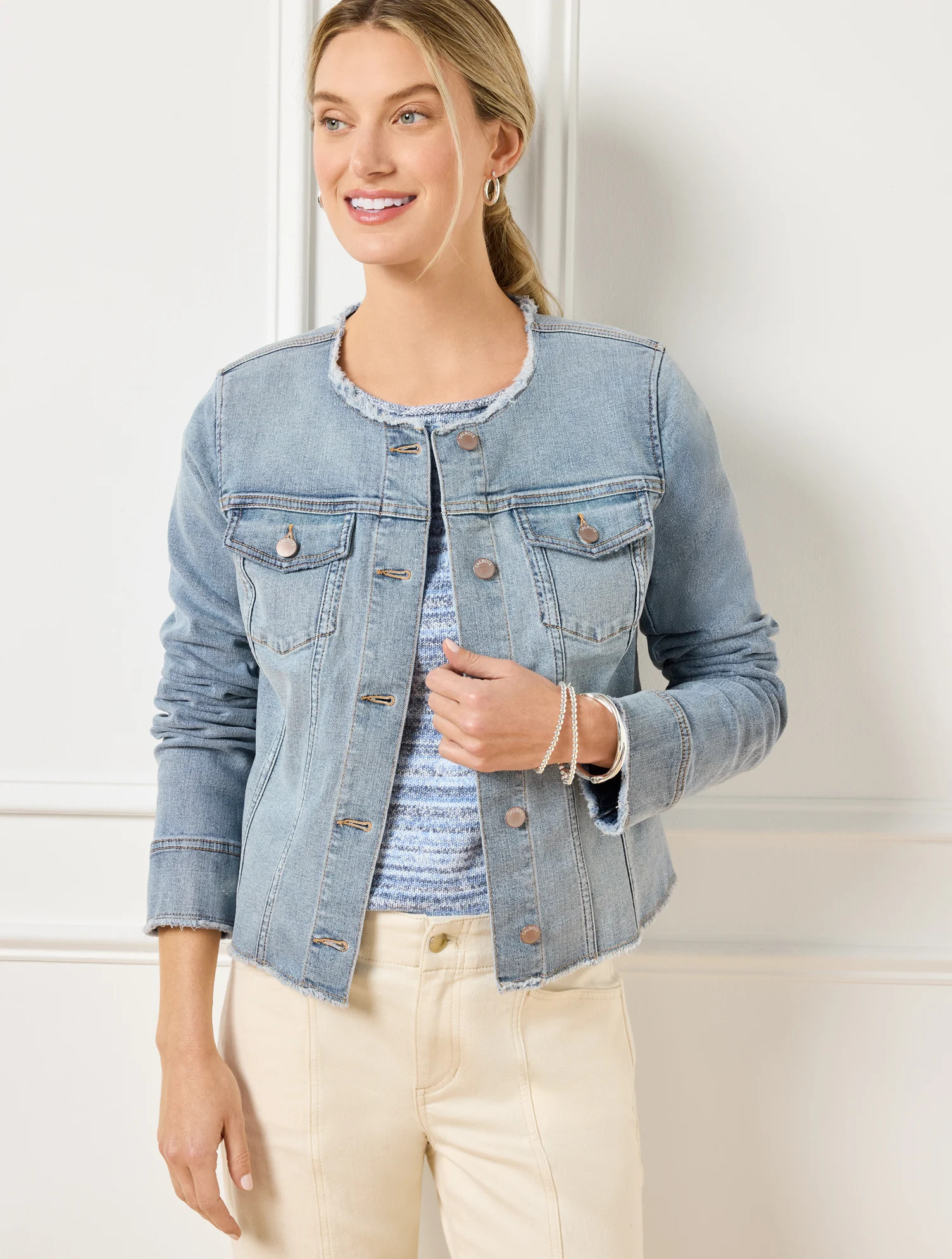 Misses - Collarless Jean Jacket - Freya Wash - XS Talbots | Talbots