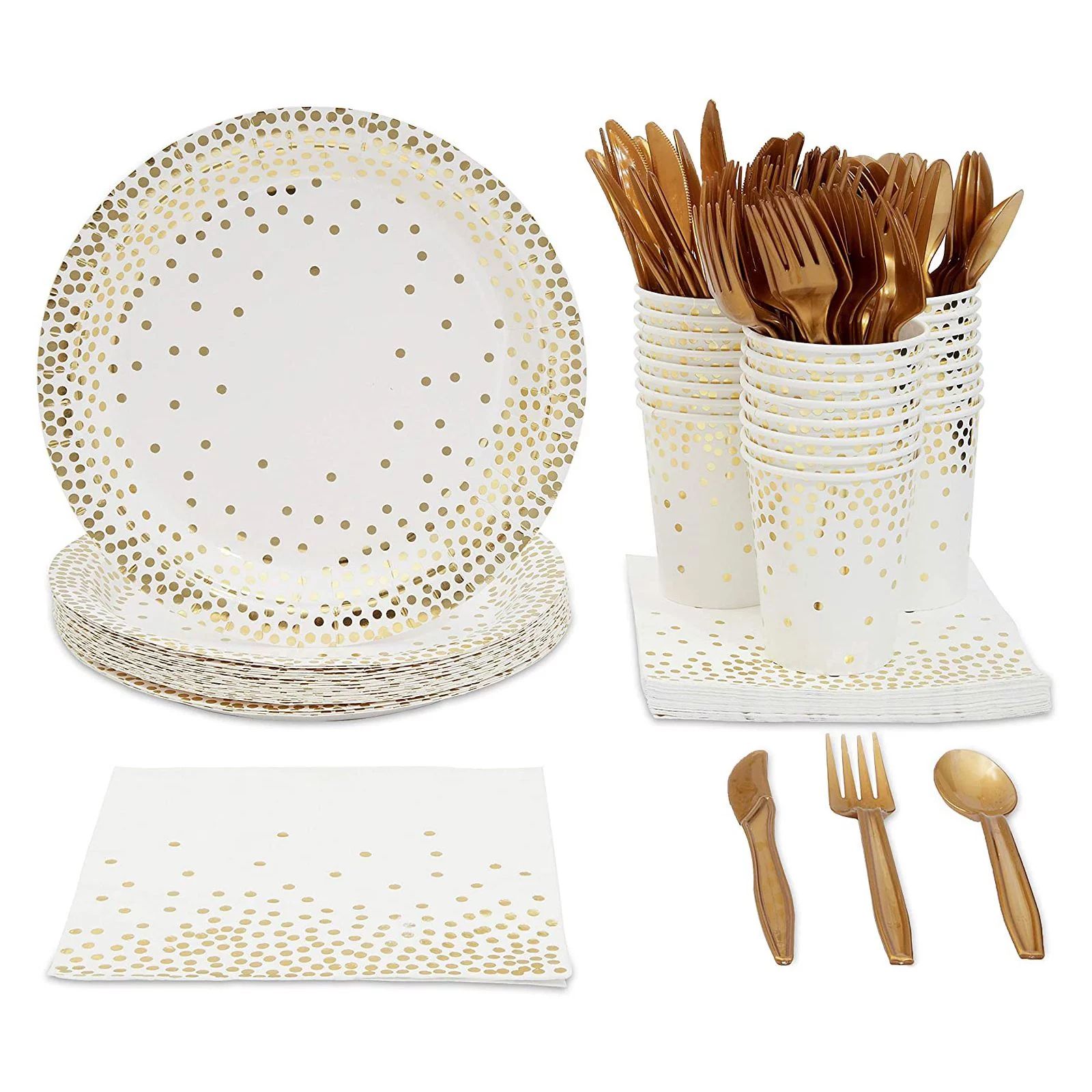 144 Piece Polka Dotted Gold Paper Plates, Napkins, Cups, Cutlery for Party Supplies, Serves 24 - ... | Walmart (US)