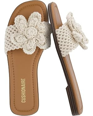 CUSHIONAIRE Gemma Knit Flat Slides for Women, Square Toe Sandals with Woven Flower Detail and Mem... | Amazon (US)