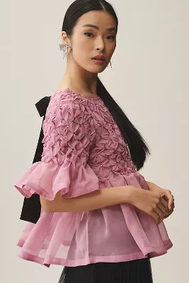 Maeve Short-Sleeve Rhinestone Sheer Babydoll Blouse | Anthropologie (US)