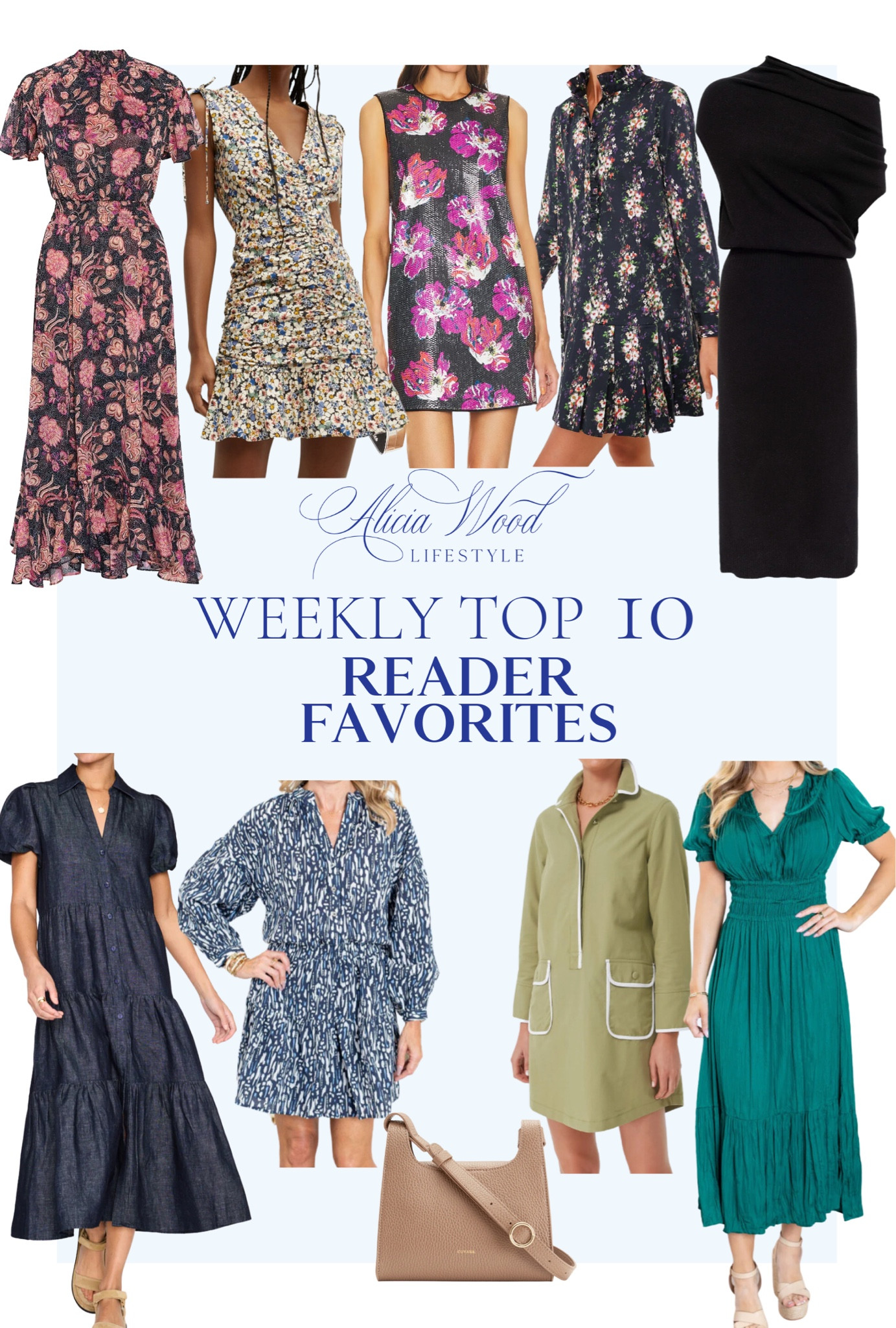 Top 10 Weekly Favorites

Dark floral midi and mini dresses, army green long sleeve mini dress, blue and white patterned long sleeve mini dress, Hunter green shirt sleeve midi dress, classic black midi dress, indigo short sleeve midi dress, camel Mini Double Loop Bag

#LTKstyletip #LTKSeasonal #LTKover40