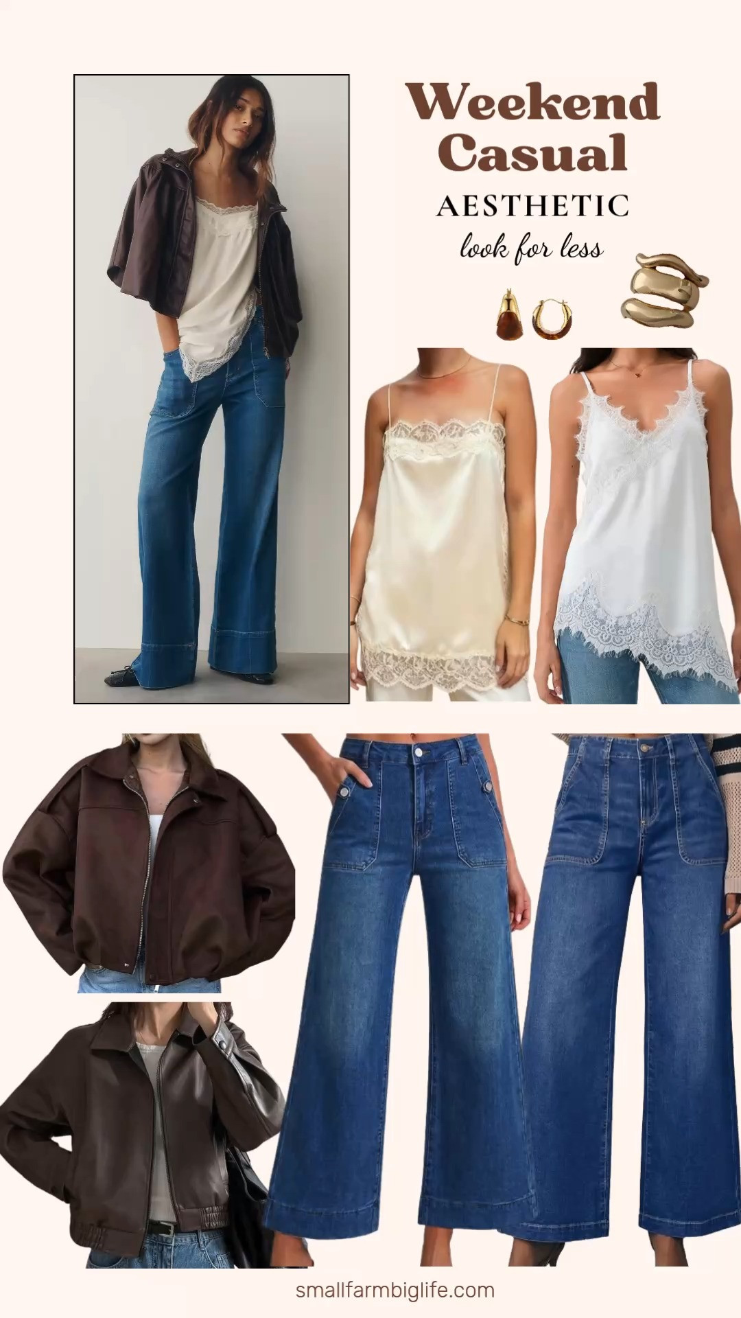 Weekend casual aesthetic is all about elevated basics that still feel relaxed, and I found a great look for less on the wide leg denim trend. The Anthropologie Pilcro Rylan Relaxed High Rise Flare Jeans are gorgeous at $158, but if you want that same wide leg denim look for less, the Amazon Sidefeel Wide Leg High Waisted Jeans at $33 and the Amazon Flowyair Baggy Cropped Wide Leg Jeans at $31 are fantastic budget friendly dupes.
I am pairing my denim with a lace trim satin cami top for an elevated casual feel, layered under a faux leather zip up moto jacket or a faux suede oversized bomber jacket depending on the weather. For accessories, the chunky gold bangle bracelet set and the amber resin gold hoop earrings add the perfect finishing touch to this weekend casual outfit.
Shop the splurge and the save on this wide leg denim look for less, plus all the tops, jackets, and accessories, linked in this post. 

 #LTKgrwm #LTKootd #LTKOver40