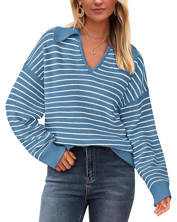 BTFBM Women's Striped Long Sleeve Sweater V Neck Lapel Collar 2024 Fall Winter Fashion Ribbed Kni... | Amazon (US)