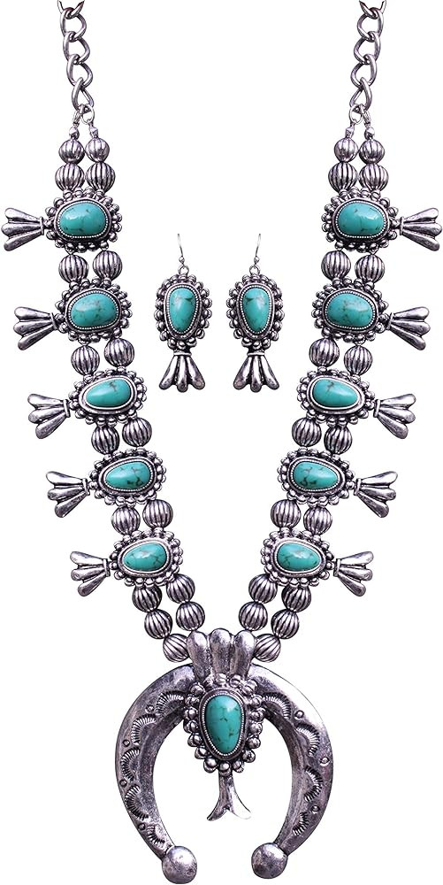 Turquoise Vintage Squash Blossom Metal Statement Necklace/w Earrings | Amazon (US)