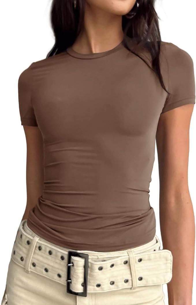 LEEDYA Women Basic Solid Crop Tops Short Sleeve Round Neck Shirt Workout Slim Fit T-Shirt Y2K | Amazon (US)