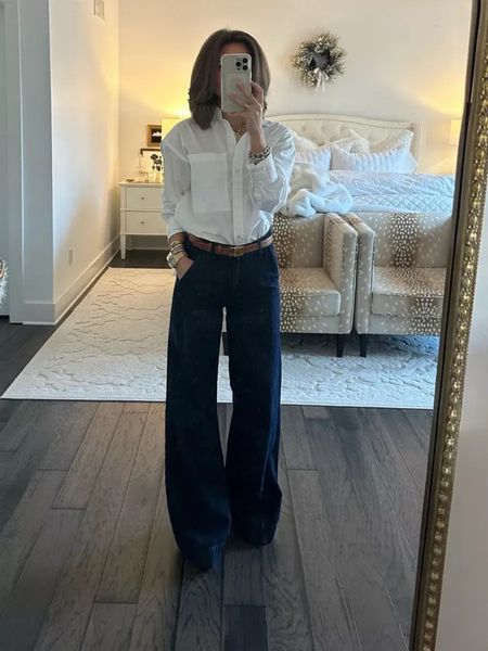 Great workwear outfit or just a dressed up casual outfit! abercrombie white shirt (xs, oversized) wide leg jeans (24, a bit oversized ) linking other similar jeans. 

#LTKworkwear #LTKfindsunder100 #LTKstyletip
