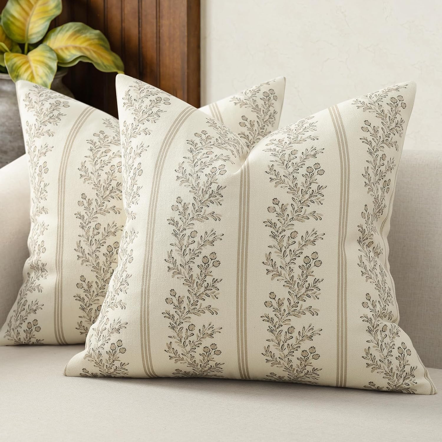 Vintage Throw Pillow Covers 22x22 Set of 2, Striped Floral Pillow Cover Botanical Patterned Decorative Cushion Covers Modern Farmhouse Home Decor for Sofa Couch Bed Living Room, Light Brown | Amazon (US)