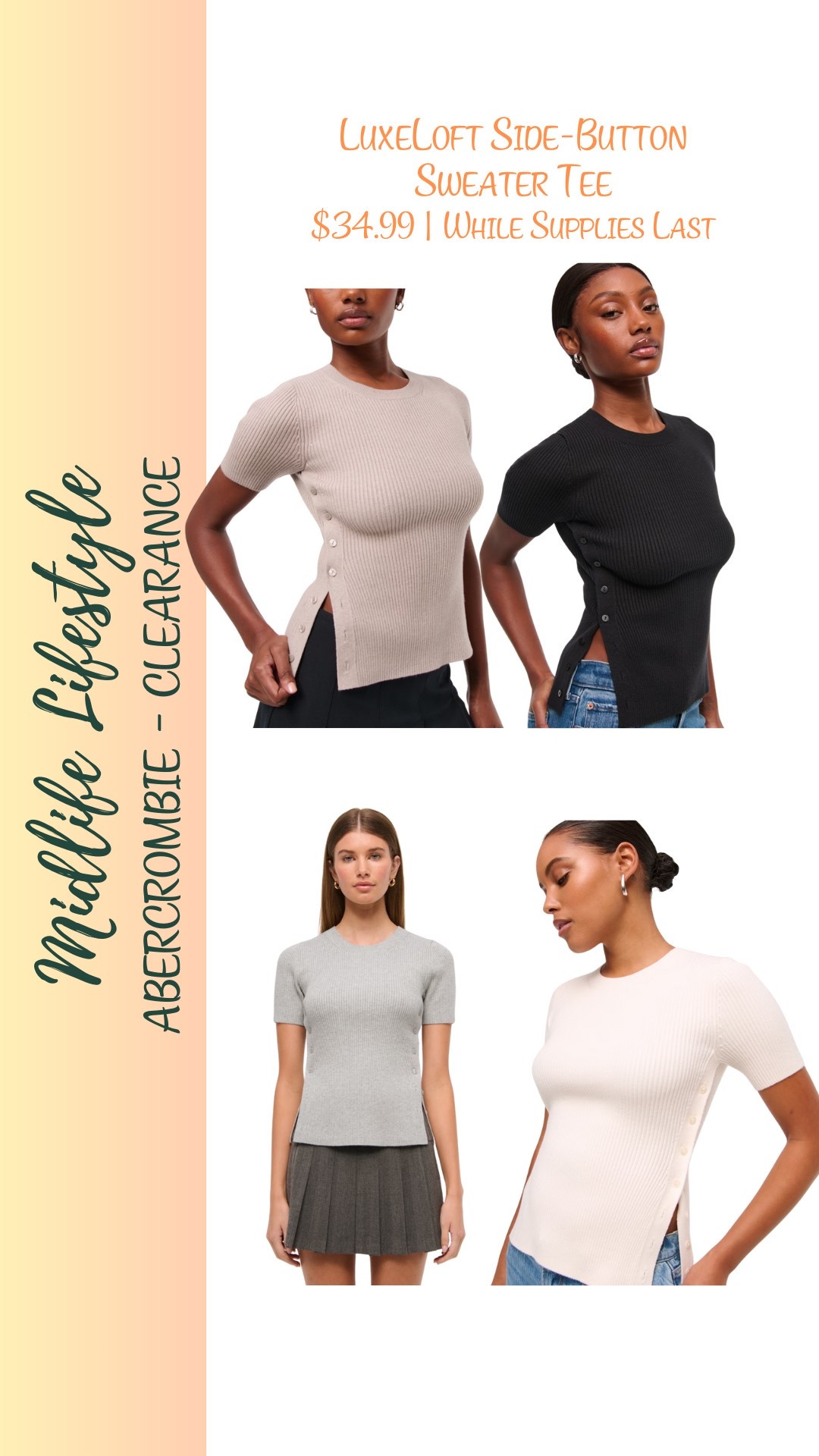 ✨ Abercrombie LuxeLoft Side-Button Sweater Tee ✨

Soft, stylish, and on clearance for $34.99! 😍 

Perfect for elevating your everyday look.

🛍️ Hurry, while supplies last!

#Abercrombie #LuxeLoft #SweaterTee #ClearanceFind #FashionDeals #LTKsale #CozyChic #SaleAlert

#LTKFindsUnder50 #LTKWorkwear #LTKSaleAlert