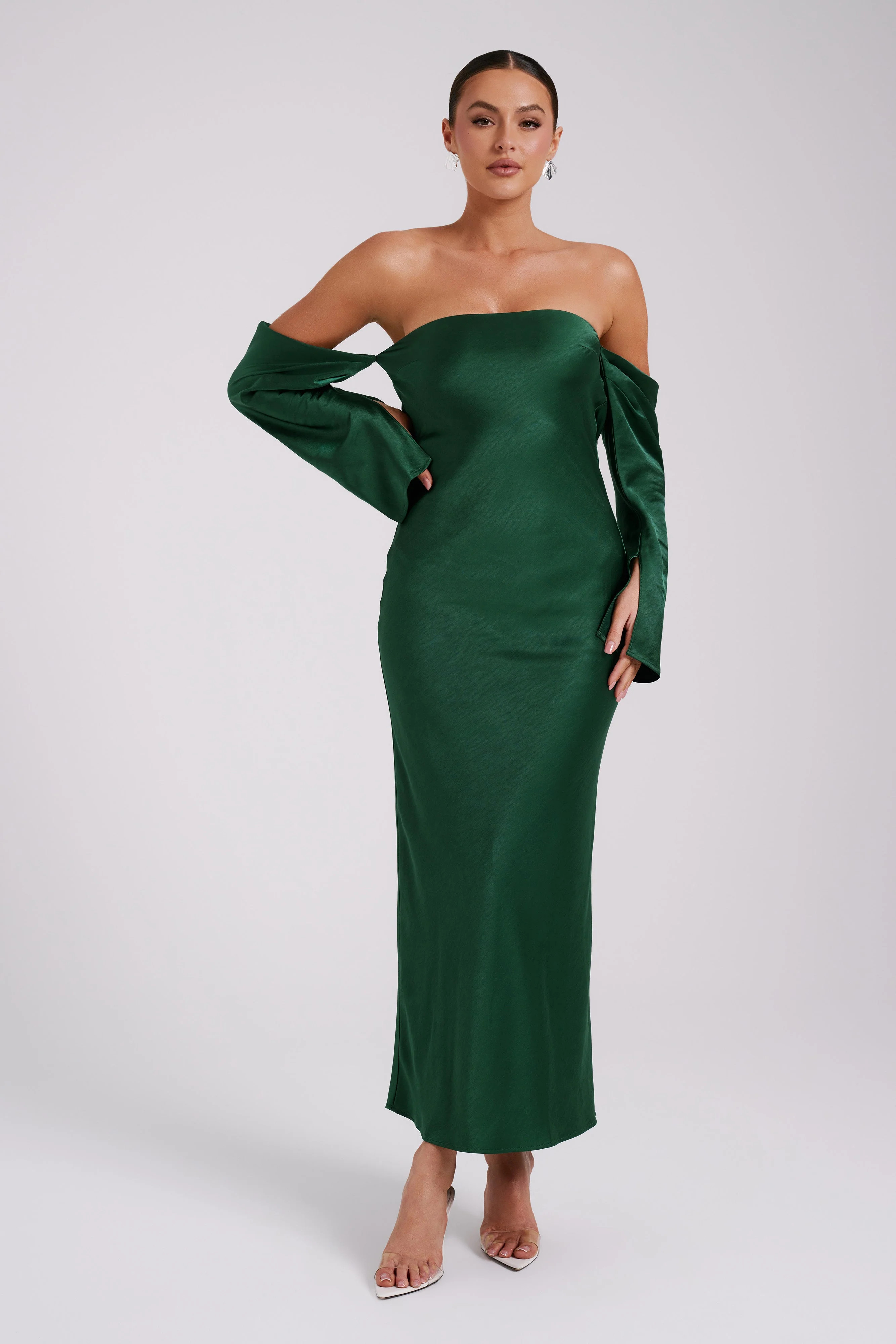 Vee Off Shoulder Satin Midi Dress - Emerald | MESHKI US