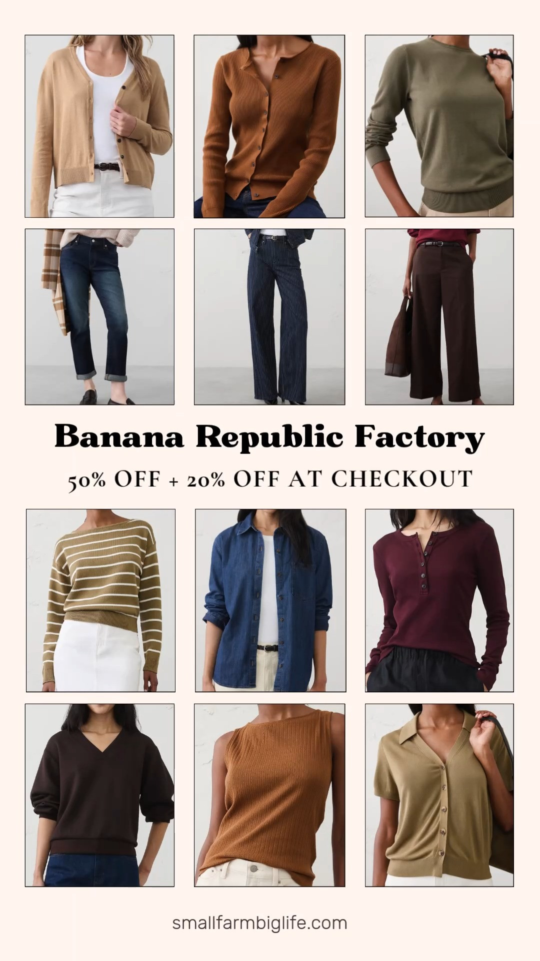 Banana Republic Factory is offering 50% off plus an extra 20% off at checkout right now. Such a great time to stock up on fall basics.
The dark wash wide leg high rise jean with white pinstripes is such a fun update to a classic denim style. Pair it with the rust pointelle ribbed boatneck top or the burgundy ribbed henley for an easy fall outfit.
For layering, the olive green forever crew neck sweater and the tan forever v neck cardigan are both soft, versatile pieces you will reach for all season. I also love the rust cotton ribbed cardigan and the dark khaki and white striped cotton boat neck sweater for adding texture and color.
The dark wash girlfriend mid rise jean and the dark wash perfect denim shirt are great denim on denim options for fall. For something more polished, the coffee brown wide leg mid rise drapey twill cuffed pant and the dark khaki button down v neck sweater polo are perfect for the office or a casual dinner out.
The chocolate brown soft touch v neck sweatshirt is cozy and easy to throw on for a relaxed fall day.
#bananarepublicfactory #fallwardrobe #fallbasics #falllayers #transitionalstyle 

 #LTKootd #LTKOver40 #LTKWorkwear