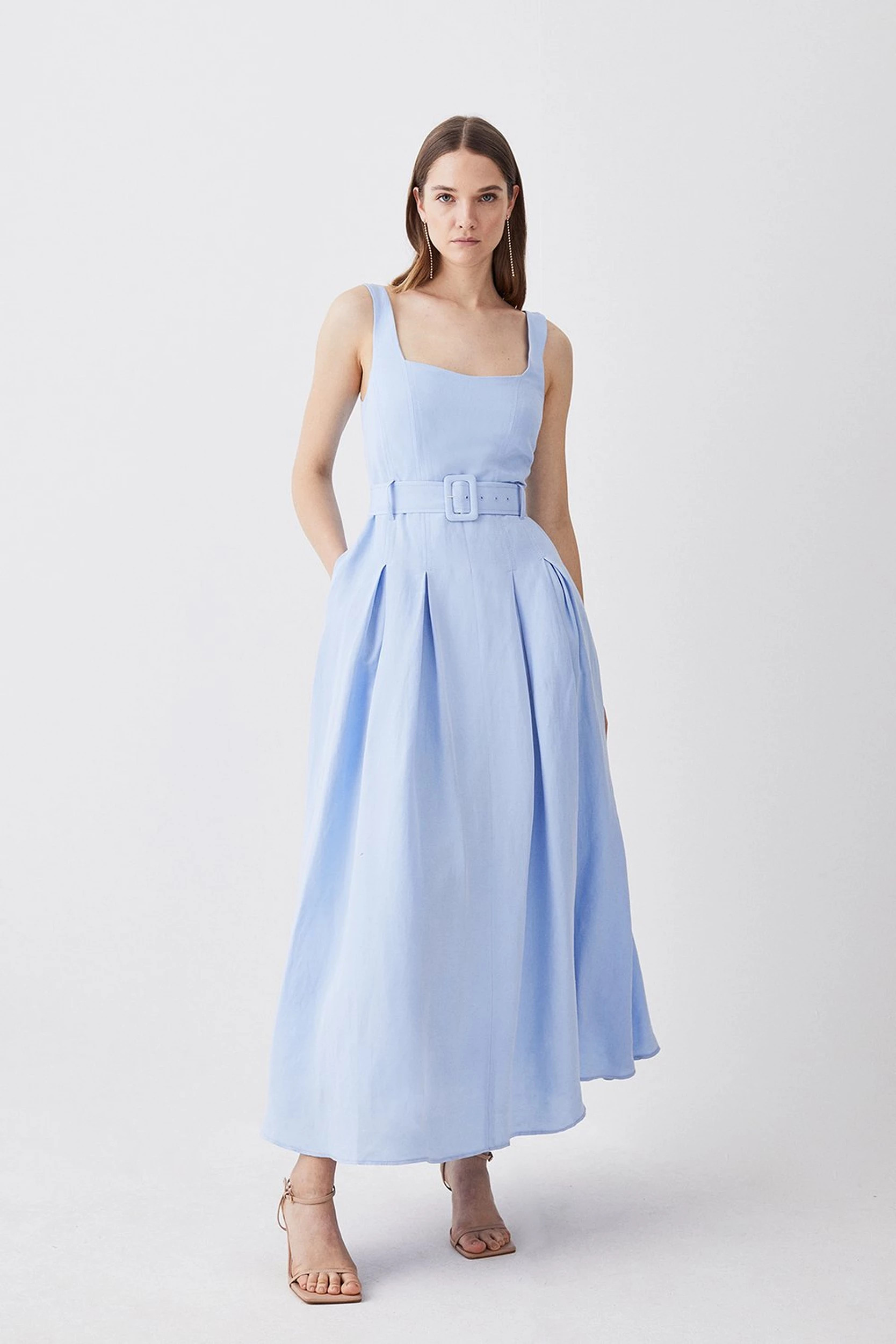 Linen Seamed Detail Full Skirted Midi Dress | Karen Millen UK + IE + DE + NL